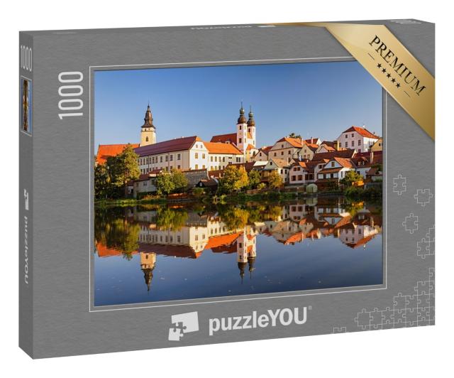 Puzzle 1000 Teile „Blick auf Telc über den Teich mit Reflexionen, Südmähren, Tschechische Republik“