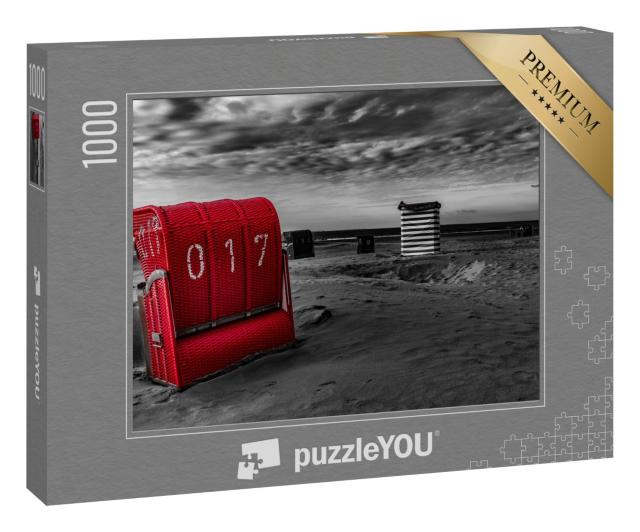 Puzzle 1000 Teile „Sandstrand mit rotem Strandkorb, Borkum, Deutschland“