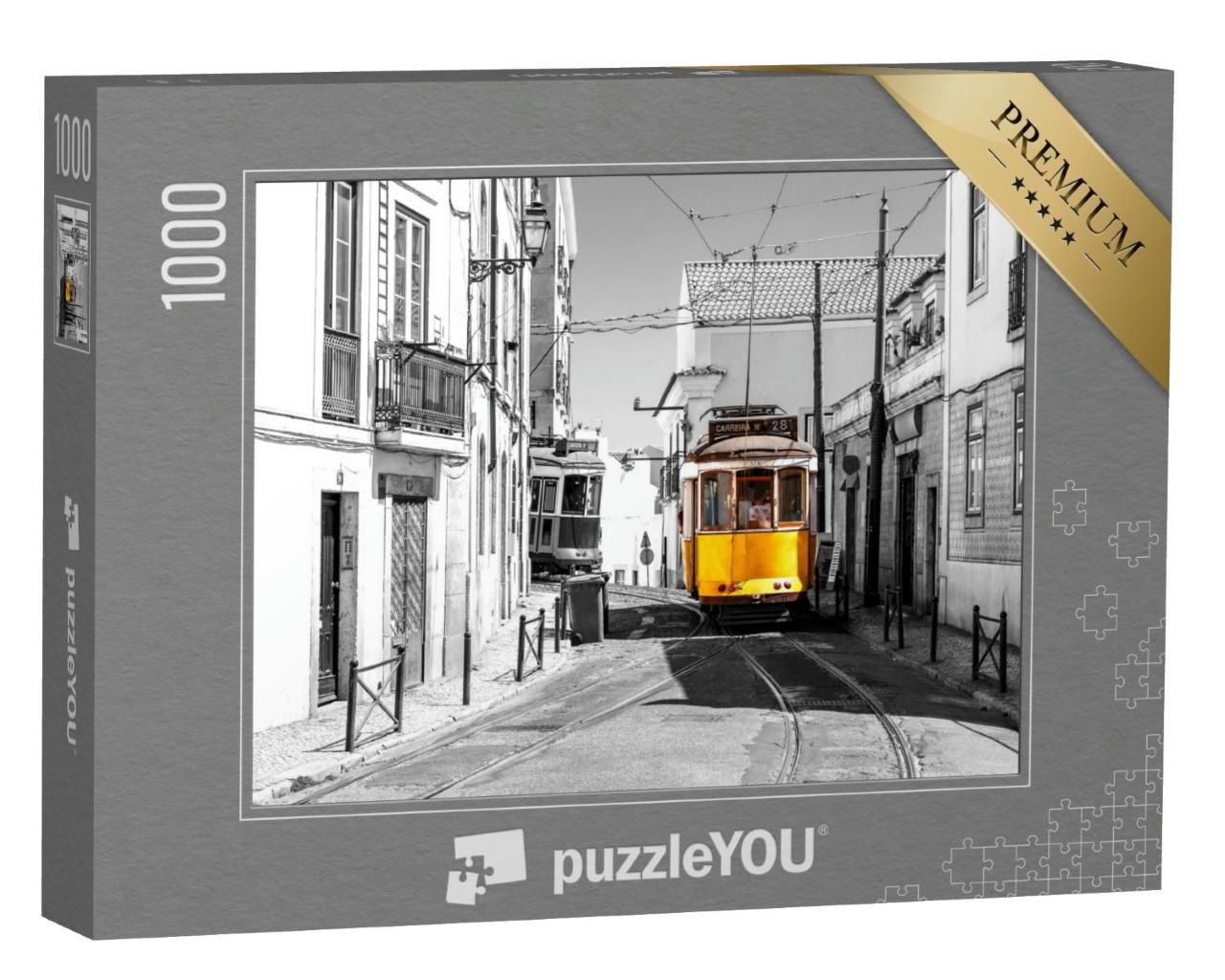 Puzzle 1000 Teile „Gelbe Straßenbahn in den alten Straßen Alfama in Lissabon“