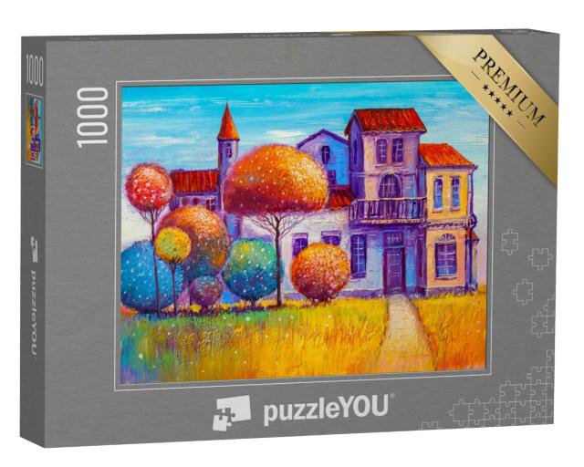 Puzzle 1000 Teile „Ölgemälde: Schönes Landhaus im Spätsommer“