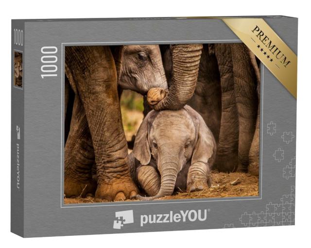 Puzzle 1000 Teile „Elefantenkalb unter dem Schutz der Herde“