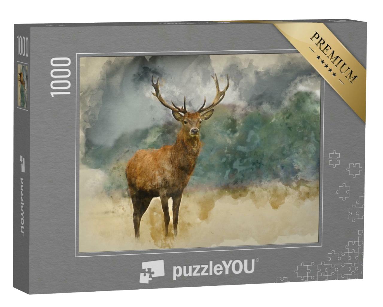Puzzle 1000 Teile „Aquarell Malerei: Porträt eines majestätischen Rothirsches “