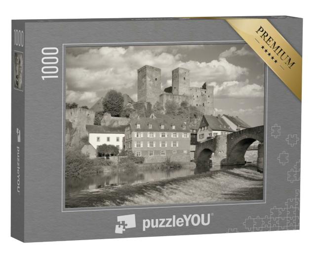 Puzzle 1000 Teile „Mittelalterliches Dorf Runkel an der Lahn, schwarz-weiß“