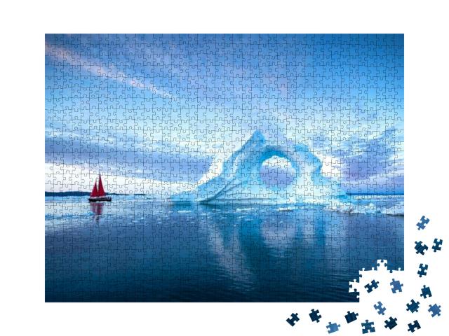 Puzzle 1000 Teile „Segelboot mit roten Segeln vor massiven Eisbergen am Abend, Diskobucht, Grönland“