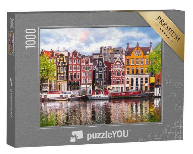 Puzzle 1000 Teile „Die tanzenden Häuser an der Amstel, Wahrzeichen von Amsterdam“