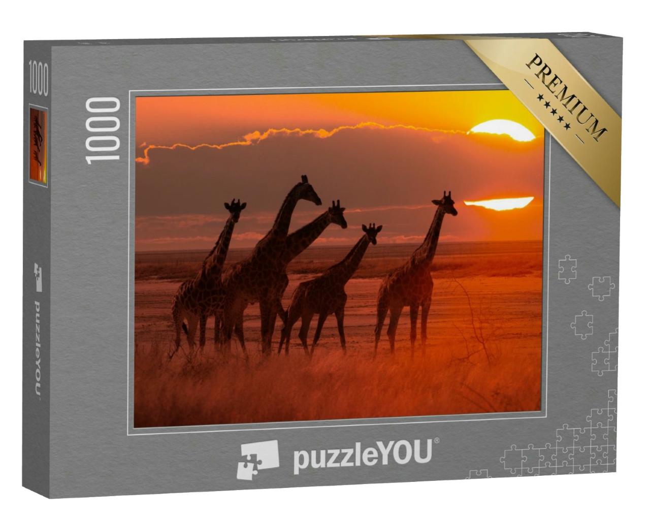 Puzzle 1000 Teile „Giraffenherde im Sonnenuntergang, Savanne in Afrika“