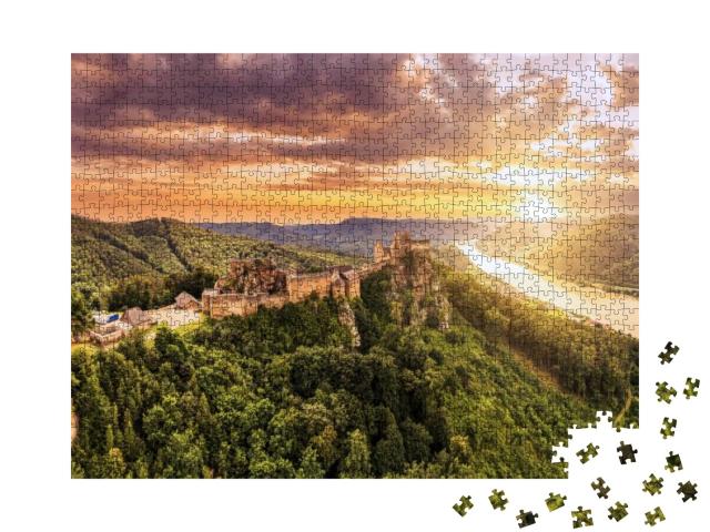 Puzzle 1000 Teile „Schöne Landschaft mit der Burgruine Aggstein und der Donau in Österreich“