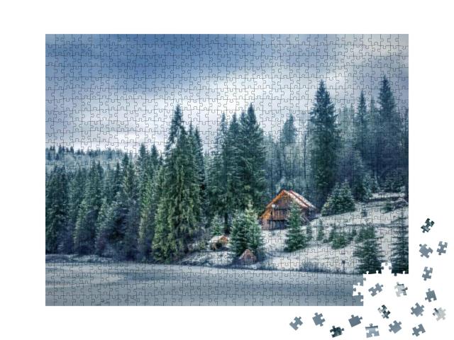 Puzzle 1000 Teile „Winterwald in den Karpaten am Vito-See“
