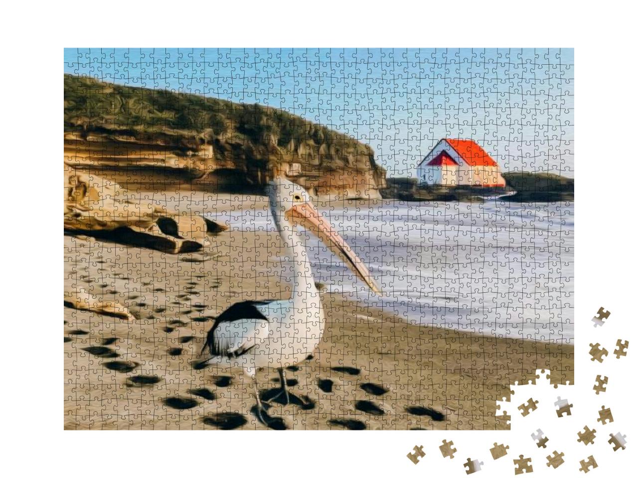 Puzzle 1000 Teile „Ein Pelikan am Strand“