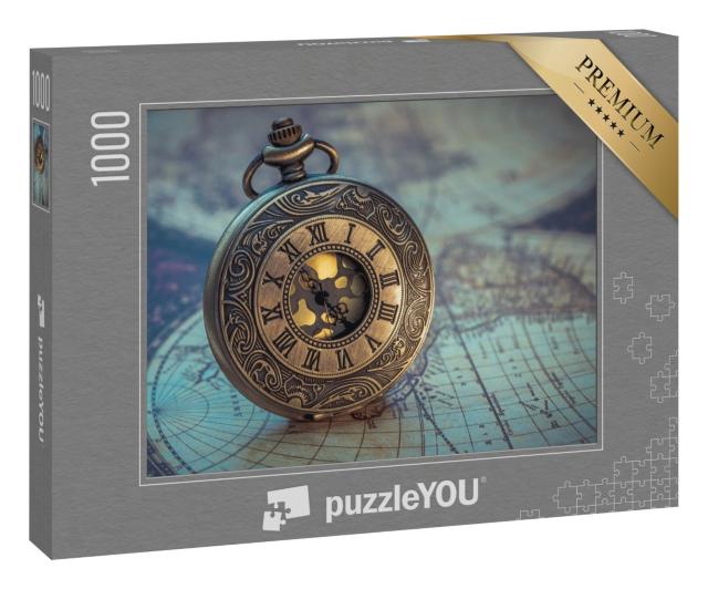 Puzzle 1000 Teile „Antike Uhr auf einer alten Weltkarte“