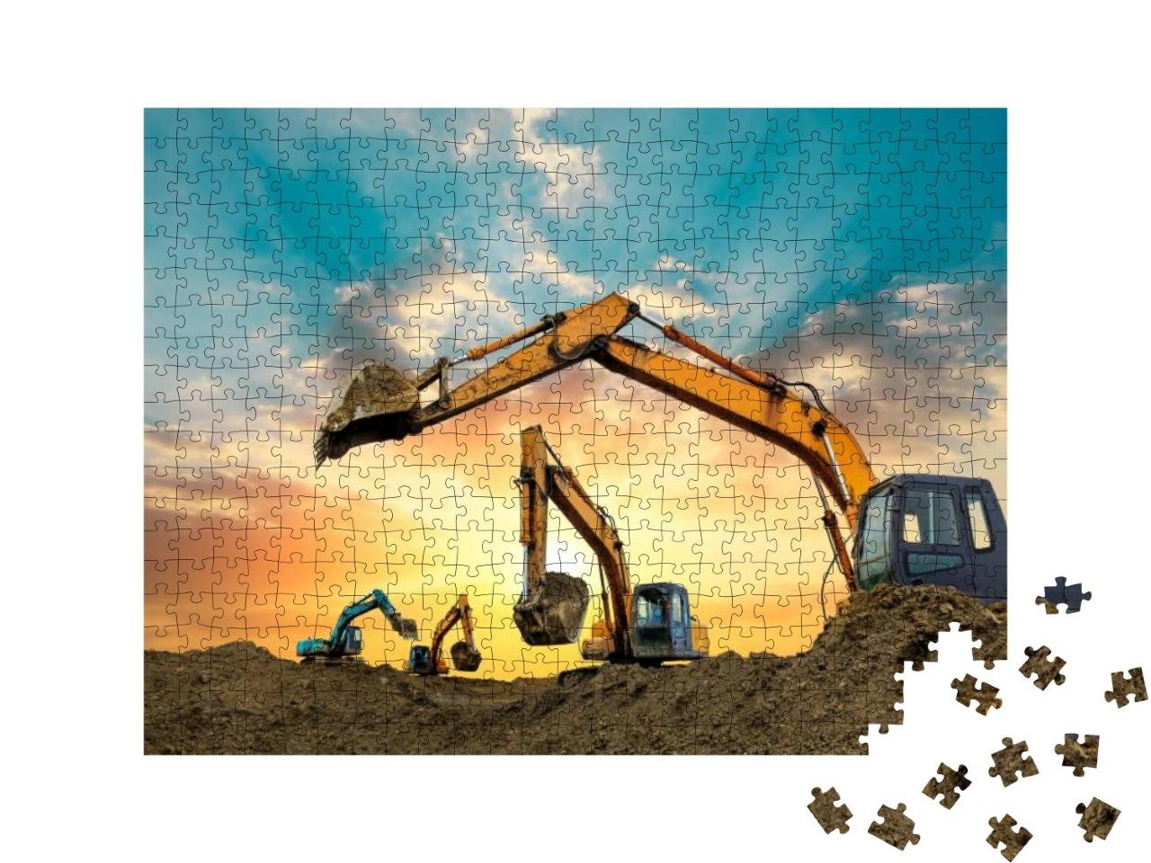 Puzzle 500 Teile „Bagger arbeiten bei Sonnenuntergang auf der Baustelle“