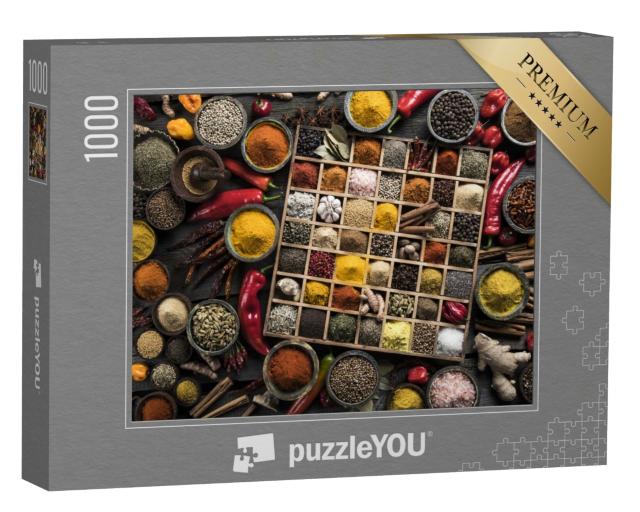 Puzzle 1000 Teile „Holzkiste mit diversen Gewürzen und Kräutern“