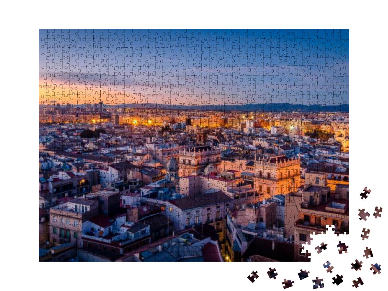 Puzzle 1000 Teile „Sonnenuntergang über dem historischen Zentrum von Valencia“