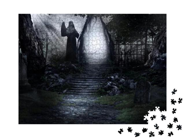 Puzzle 1000 Teile „Eine Alte Statue bewacht Steintreppe“