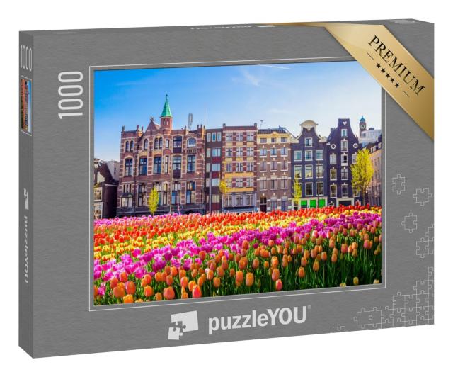 Puzzle 1000 Teile „Traditionelle alte Gebäude und Tulpen in Amsterdam, Niederlande“