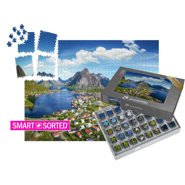 SMART SORTED® | Puzzle 1000 Teile „Dorf Reine unter einem sonnigen, blauen Himmel, Lofoten, Norwegen“