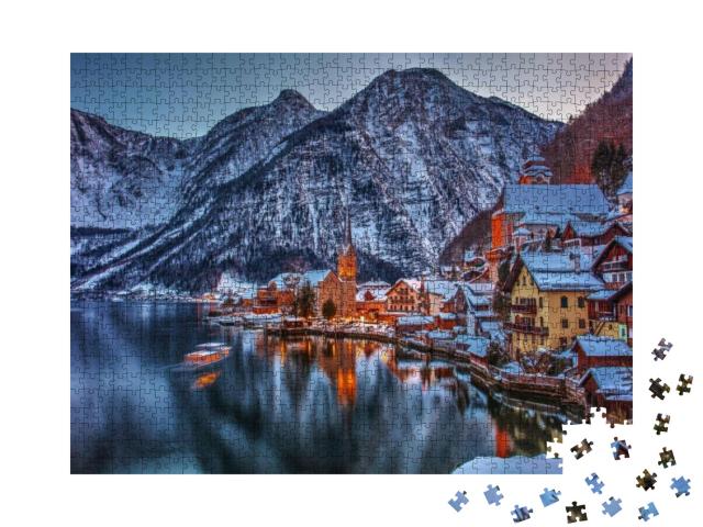 Puzzle 1000 Teile „Winterliche Szene von Hallstadt in Österreich“