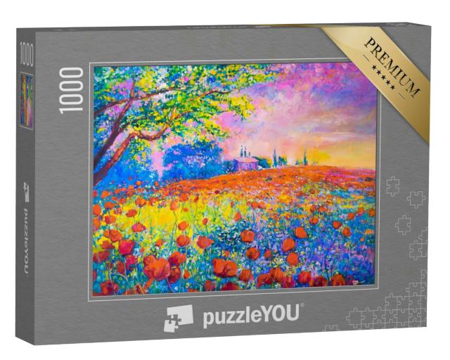 Puzzle 1000 Teile „Ölgemälde: Rote Mohnblumen im Sonnenuntergang“