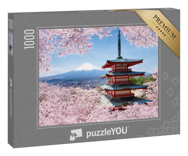 Puzzle 1000 Teile „Chureito Pagode und Berg Fuji mit Kirschblüte im Frühling“