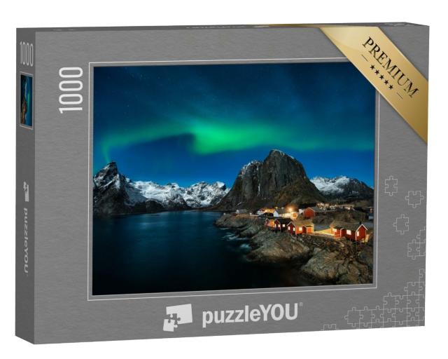 Puzzle 1000 Teile „Traditionelle norwegische Fischerhütten, Insel Hamnøy, Reine auf den Lofoten, Nordnorwegen“
