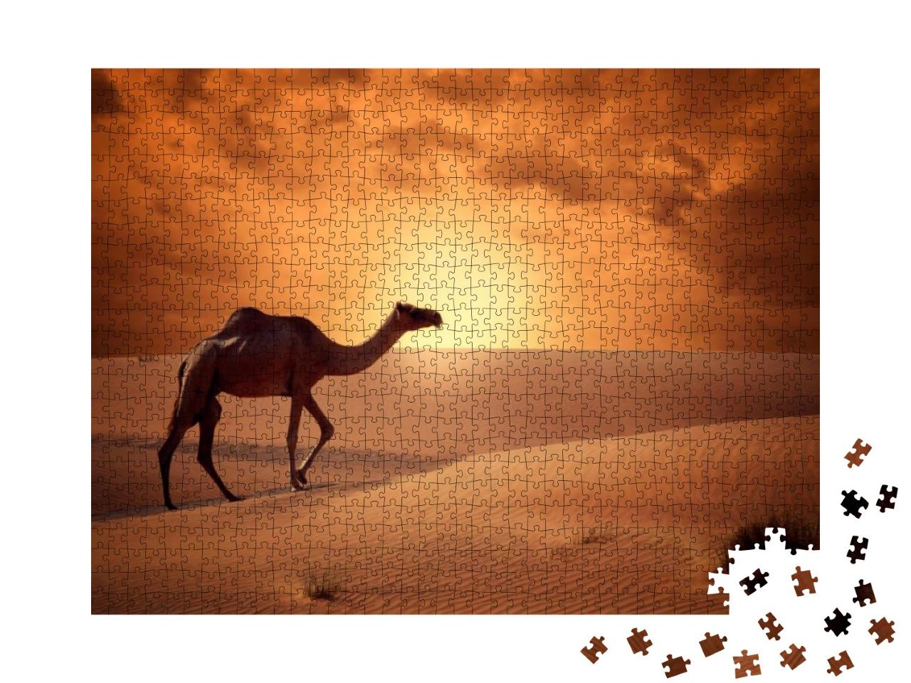 Puzzle 1000 Teile „Kamel überqueren die Wüste im Sonnenaufgang “