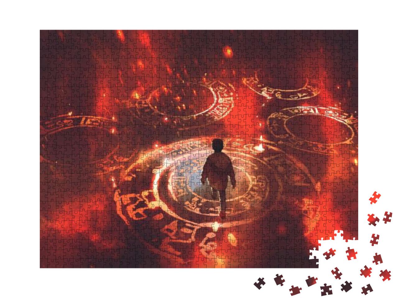 Puzzle 1000 Teile „Junge geht auf magischen Kreisen oder heiligen Symbolen in der Luft“