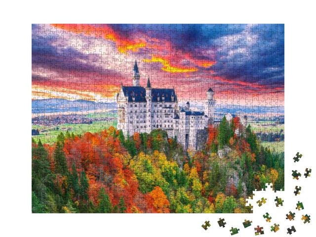 Puzzle 1000 Teile „Majestätischer Blick auf Schloss Neuschwanstein im Herbst“