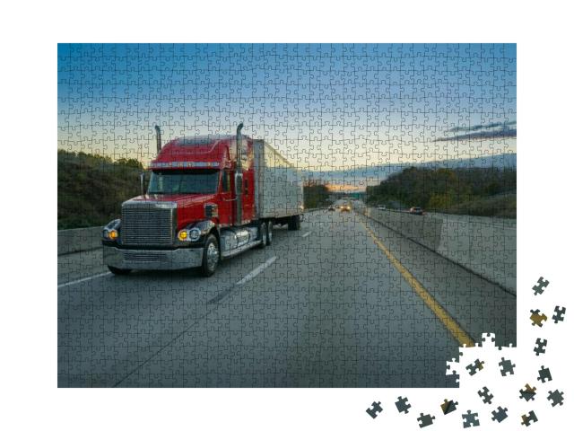 Puzzle 1000 Teile „Großer roter Sattelschlepper auf der Autobahn“