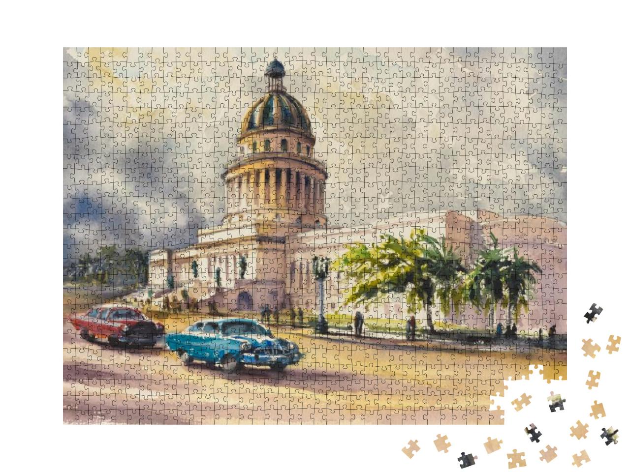 Puzzle 1000 Teile „Alte amerikanische Oldtimer vor dem Capitol, Havanna, Kuba“