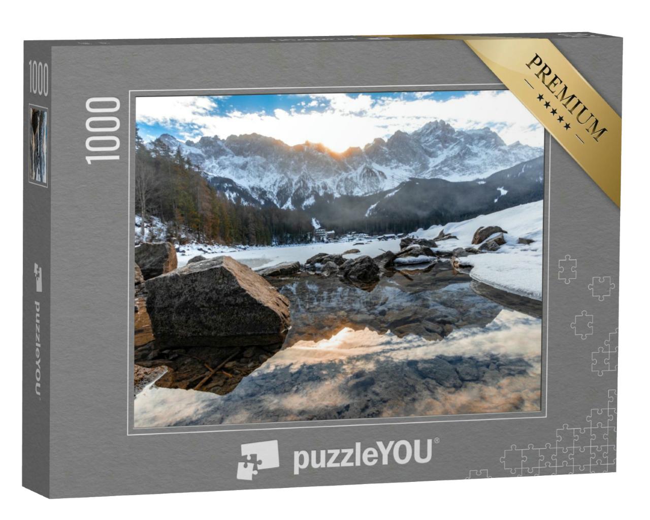 Puzzle 1000 Teile „Frostige Winterlandschaft: Der Eibsee, im Hintergrund die Zugspitze“