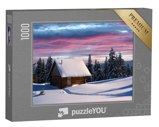 Puzzle 1000 Teile „Winterlandschaft mit Holzhaus, Karpaten, Ukraine “