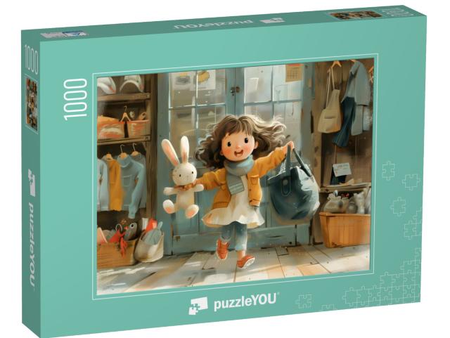 Puzzle 1000 Teile „Schulmädchen mit Hasen und vollgepackter Tasche unterwegs“