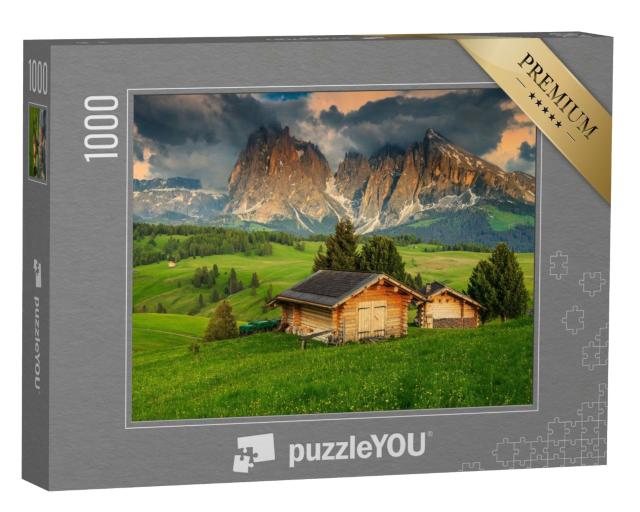 Puzzle 1000 Teile „Frühling auf der Seiser Alm mit Langkofelgruppe, Dolomiten, Italien“