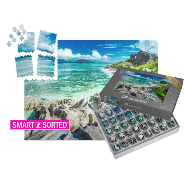 SMART SORTED® | Puzzle 1000 Teile „Anse Source D'Argent - Der schönste Strand der Seychellen“