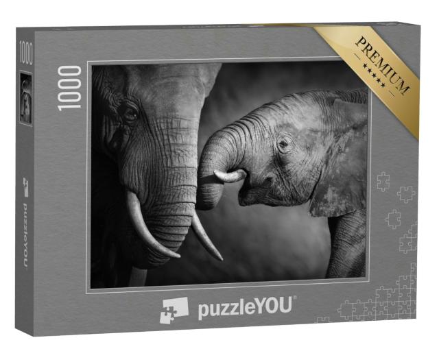 Puzzle 1000 Teile „Elefantenkalb mit seiner Mutter, schwarz-weiß“