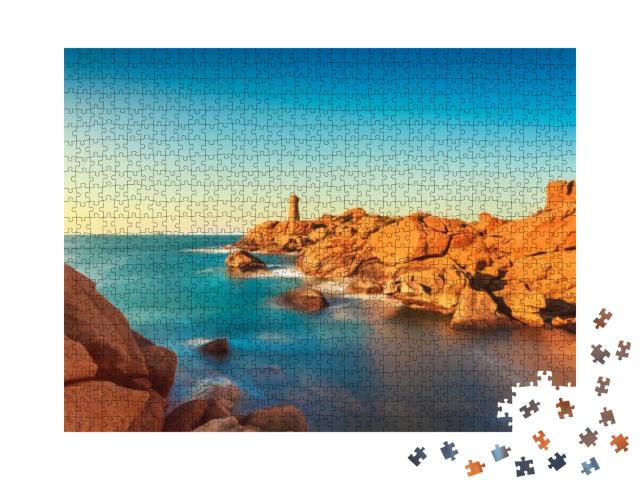 Puzzle 1000 Teile „Sonnenuntergang an der Küste der Bretagne mit Leuchtturm, Frankreich“