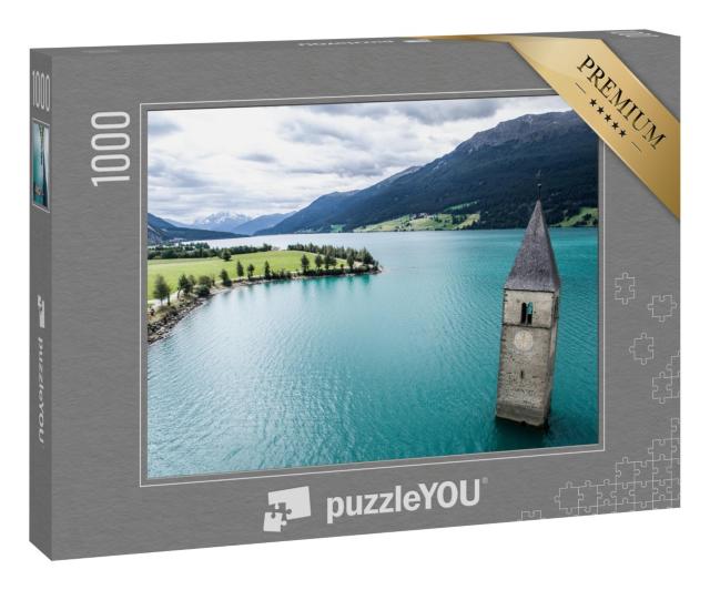 Puzzle 1000 Teile „Reschenpass zwischen Italien und Österreich, Landschaft mit Turm in Reschensee“