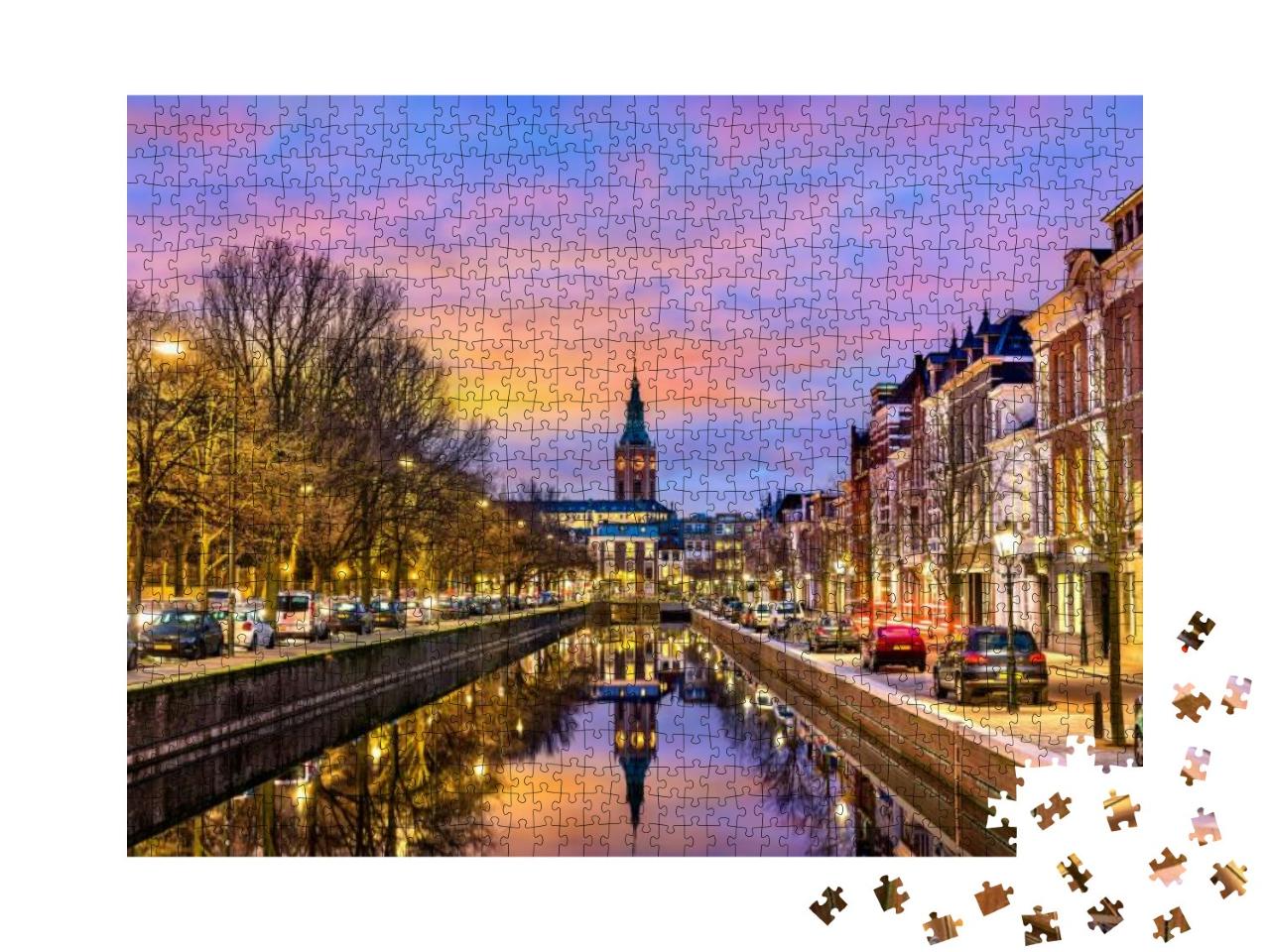 Puzzle 1000 Teile „Traditionelle Häuser an einer Gracht in Den Haag, Niederlande“