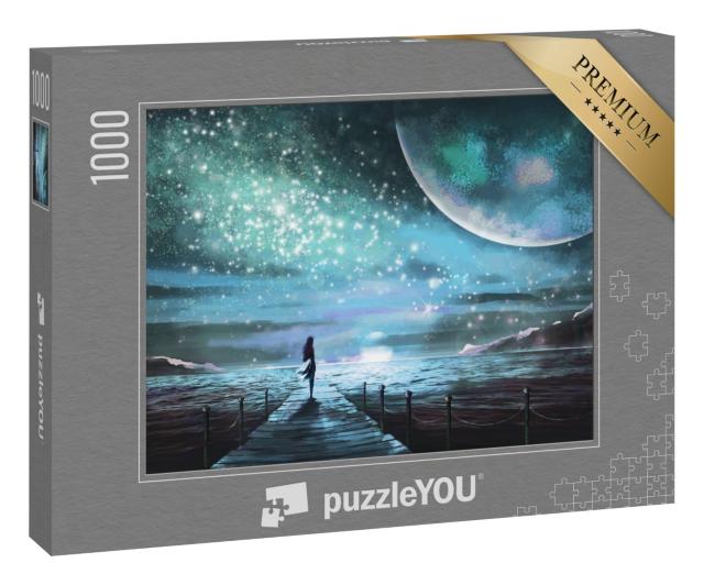 Puzzle 1000 Teile „Fantasy-Illustration: Junge Frau im Anblick der Galaxie“