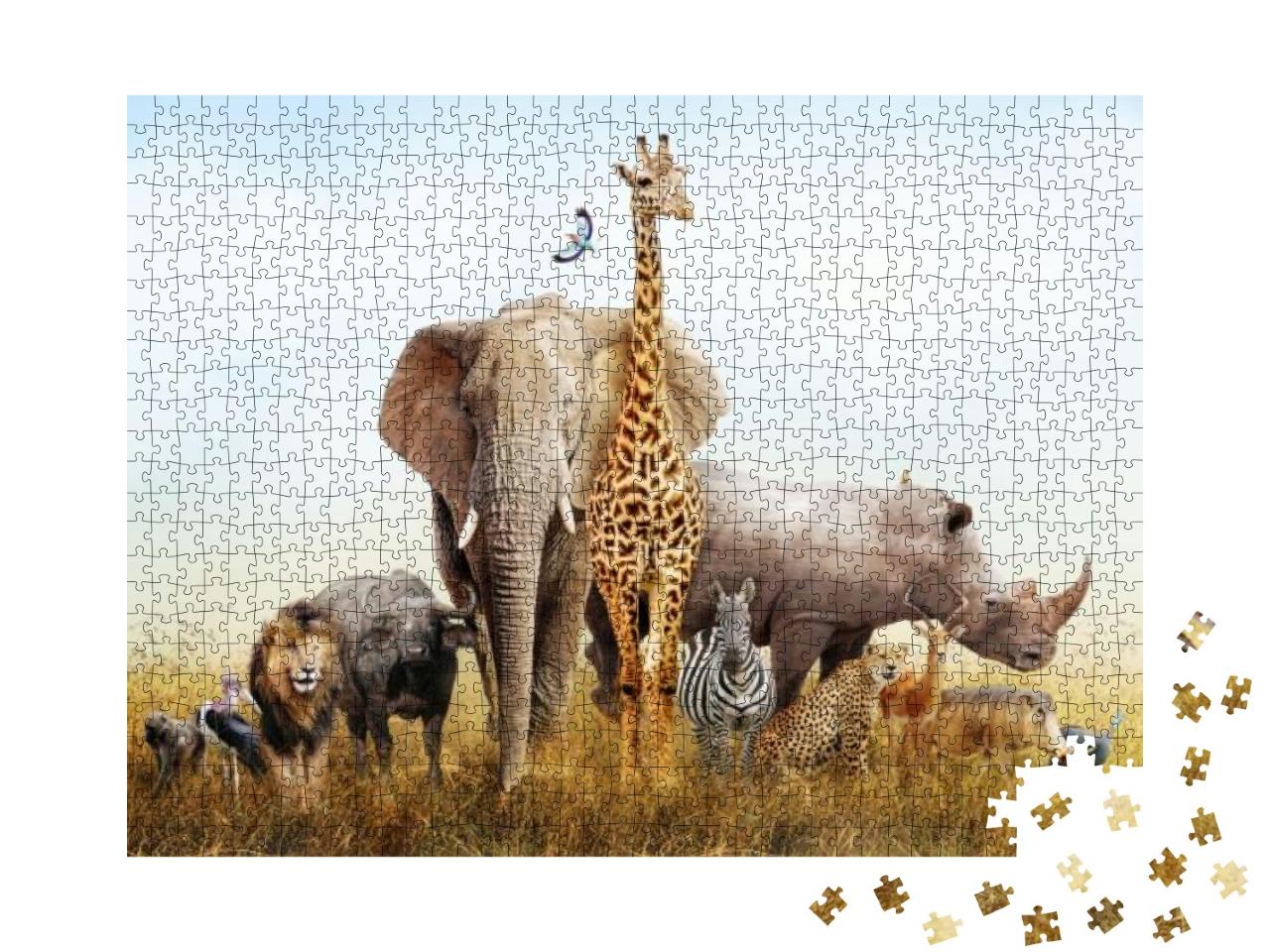 Puzzle 1000 Teile „Zahlreiche Safari-Tiere: Komposition mit Landschaft von Kenia“