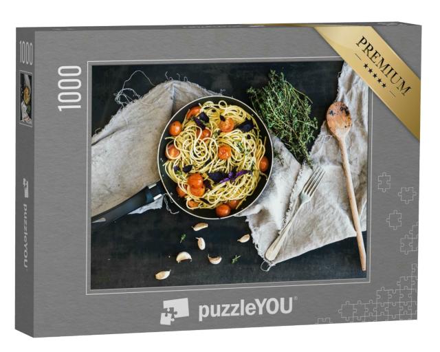 Puzzle 1000 Teile „Spaghetti mit Pesto, Basilikum und Kirschtomaten “