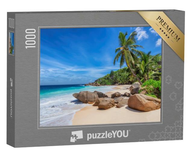 Puzzle 1000 Teile „Tropischer Strand und Kokosnusspalmen auf den Seychellen“