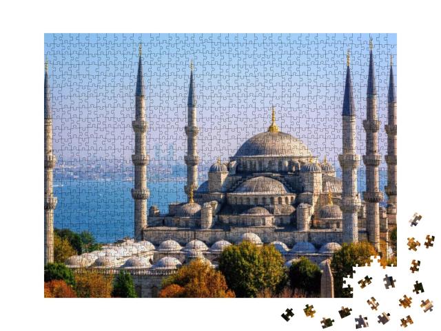 Puzzle 1000 Teile „Blaue Sultan-Ahmed-Moschee vor dem Bosporus, Istanbul, Türkei“
