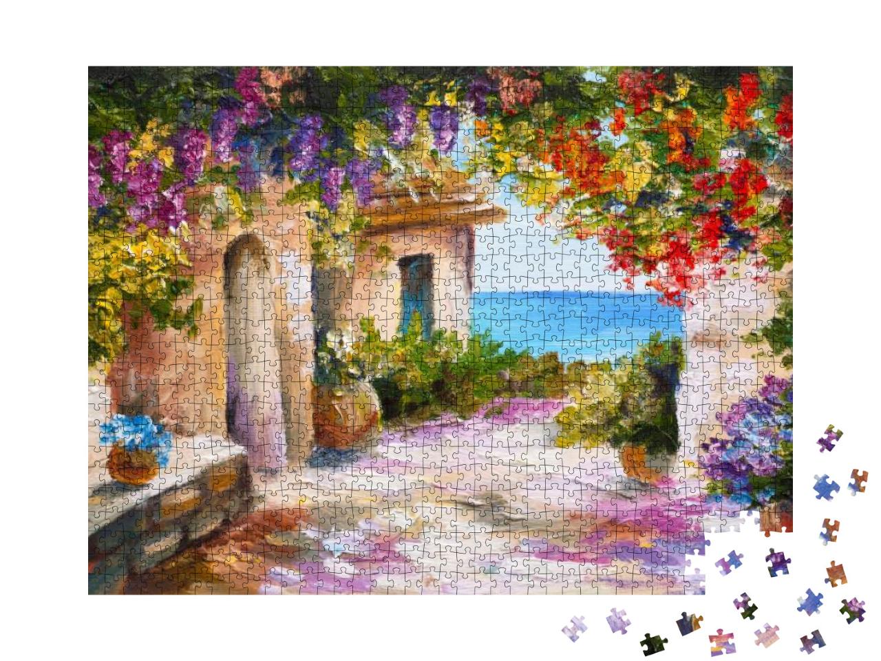 Puzzle 1000 Teile „Ölgemälde: Haus am Meer mit bunten Blumen“