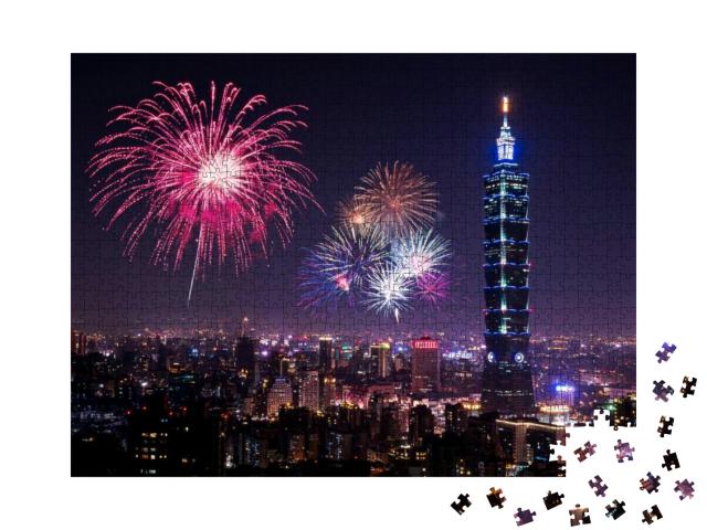 Puzzle 1000 Teile „Skyline Taipehs mit Feuerwerk“