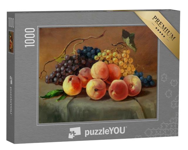 Puzzle 1000 Teile „Saftige Pfirsiche und Weintrauben auf dem Tisch“