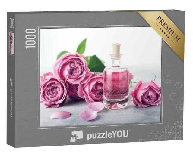 Puzzle 1000 Teile „Rosenwasser in einem Glasfläschchen“