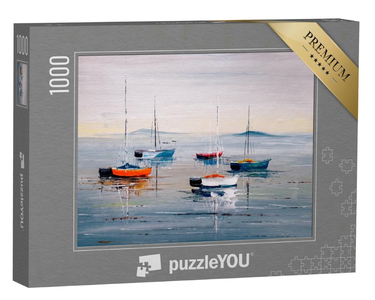 Puzzle 1000 Teile „Ölgemälde: Segelboote auf einem ruhigen See“