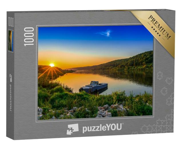 Puzzle 1000 Teile „Flussboot im goldenen Sonnenuntergang“