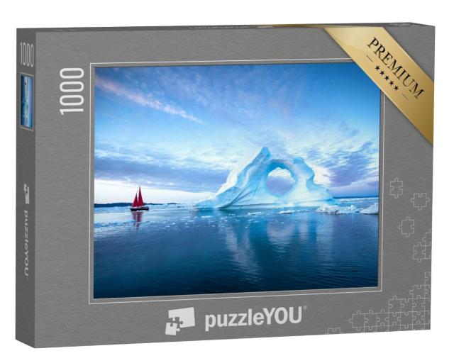 Puzzle 1000 Teile „Segelboot mit roten Segeln vor massiven Eisbergen am Abend, Diskobucht, Grönland“